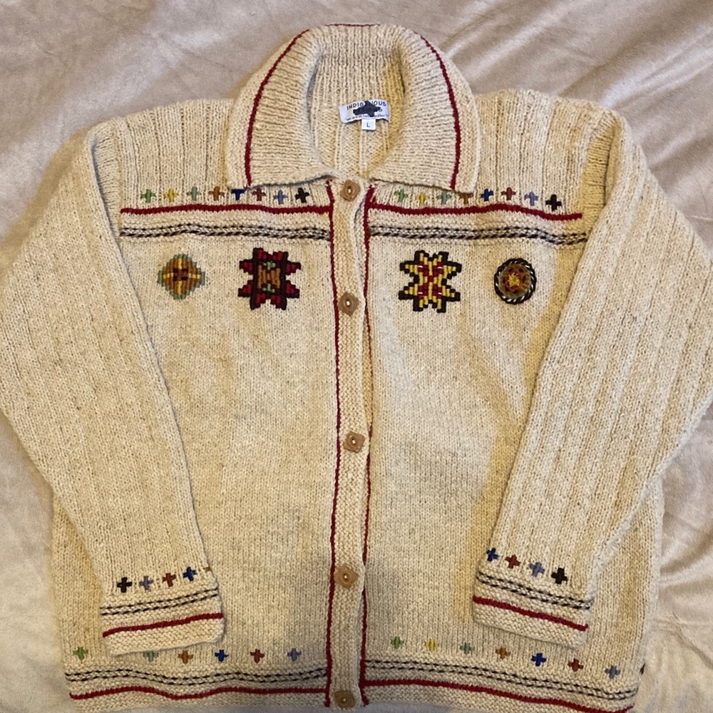 Cream Cardigan with Colorful Accents